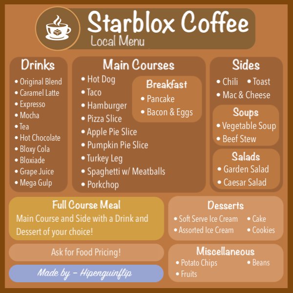 Silver On Twitter The Again New And Improved Starblox Menu Welcometobloxburg Starblox Will Be Getting Two New Locations Too As Well In New York City And Central Bloxburg Https T Co G0wadgwdq7 - best menu codes for roblox bloxburg cafes