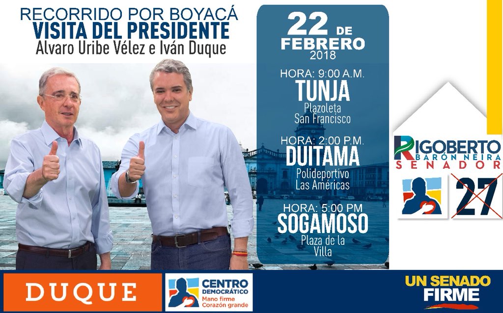 SenRigobertoB's tweet image. ¡Boyacenses! Muy pendientes de la visita a Boyacá del Presidente Álvaro Uribe Vélez y el candidato Presidencial del partido de la esperanza Iván Duque.

Todos cordialmente invitados 
¡Porque #UnSenadoFirme #CD27 @RigobertoBaronN apoya a Iván Duque! 

#DuquePresidente