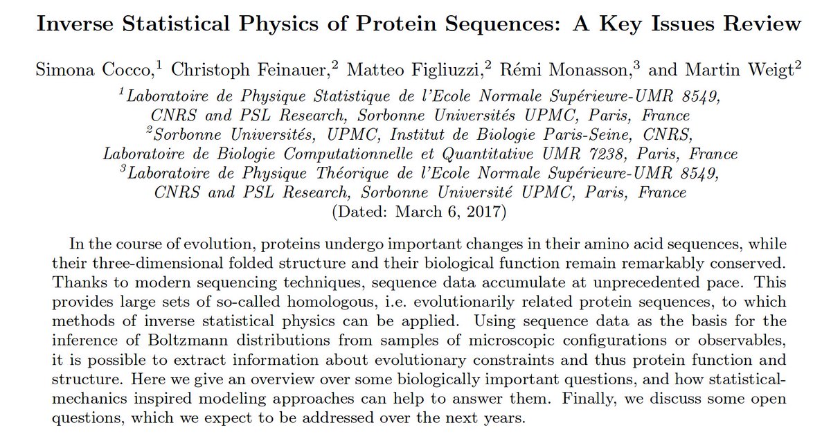 systems_spin's tweet photo. Cocco et al. (⑰) Inverse Statistical Physics of Protein Sequences: A Key Issues Review (arX⠶1703.01222v1［https://t.co/PNEkrvIj4H］) https://t.co/5p9wklud8y https://t.co/dJlExzBiVV