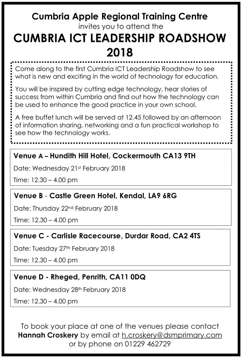DaltonStMarys's tweet photo. Itโs #CumbriaRoadshow week 1.... there is still time to get signed up to find out about how your school can use tech in new and exciting ways to enhance the curriculum, make life easier for teachers and inspire leaders of the future! #signupquick #freelunch https://t.co/g60L7KkaOO