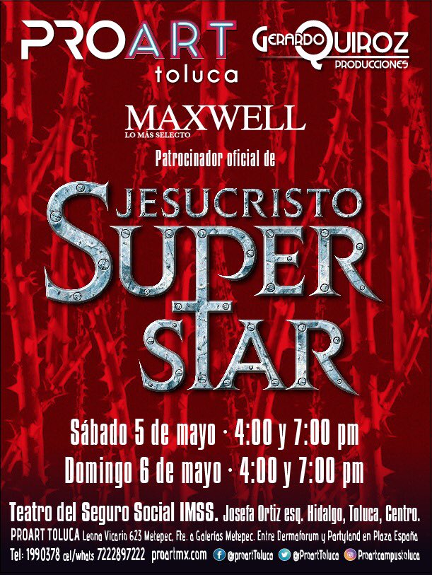 ProartToluca's tweet photo. Queridos seguidores!!!  
L@s invitamos a que no se pierdan esta increíble producción de Proart Toluca y Gerardo Quiroz Producciones. 😁

⭐JESUCRISTO SUPER STAR⭐

¡BOLETOS YA A LA VENTA! https://t.co/MRNRuVds8B