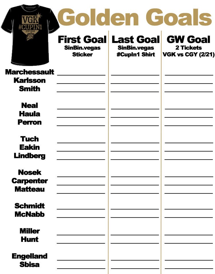 SinBinVegas's tweet photo. Let's play #GoldenGoals! RT to enter to win free tickets to Wed. VGK Game!

54 random people who RT will be given a line. Have the line of the player who scores 1st? You win a sticker. Line of guy who scores last? #CupIn1 Shirt. Game-Winning Goal? 2 Tickets to VGK vs CGY (2/21). https://t.co/q9mtcQaD1y