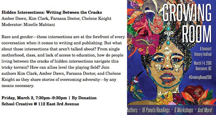 RoomMagazine's tweet photo. Join @AmberDawnWrites @PoetChelene @farzanadoctor Kim Clark &amp; @Minelle983 as they discuss the intersections tt aren't at the forefront of every conversation at #GrowingRoom2018—Hidden Intersections: Writing Between the Cracks
Mar 2 @schoolcreative
Register:https://t.co/iHZW1c6dZU https://t.co/QT928FWSaU