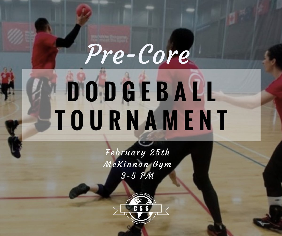 🤾‍♀️ The Pre-Core Dodgeball Tournament will take place February 25th in the McKinnon Gym from 3 - 5 PM.
⭐️ Sign up as a team or individually, using the link below. 
docs.google.com/forms/d/e/1FAI…