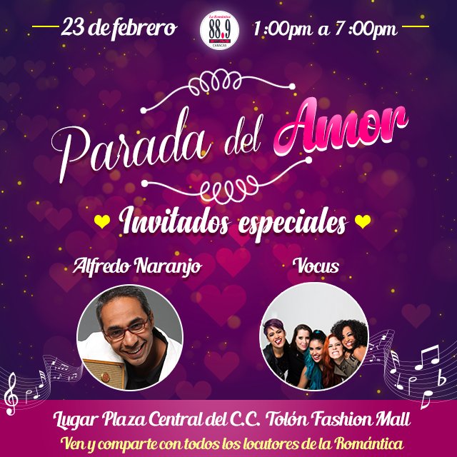 laromantica889's tweet photo. En #LaRomántica889 queremos celebrar el #MesDelAmor por todo lo alto y por eso te invitamos a que nos acompañes este #23Feb en la #ParadaDelAmor desde las 3 PM en la Plaza Central del @tolon_FM junto a todos tus locutores favoritos 💕 ¡Te esperamos! https://t.co/CZ5hD0hJT7