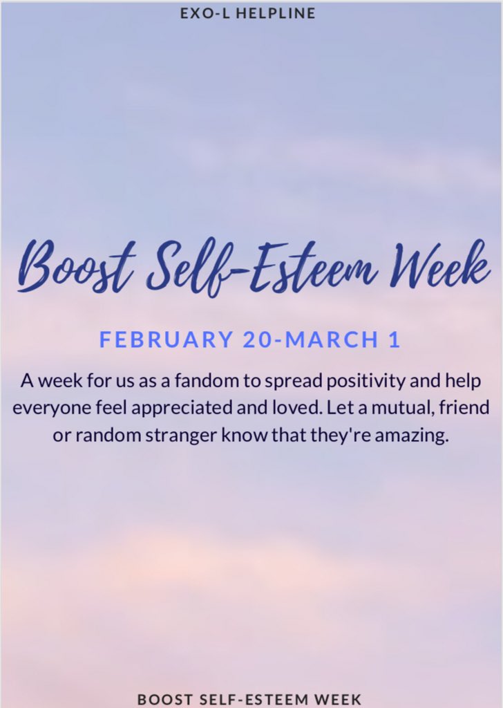 EXOL_Helpline's tweet photo. EXO-L Helpline presents BOOST SELF-ESTEEM WEEK 🎉

From Feb 20 to March 1, we encourage EXO-Ls to tag your friends on the photo we will provide and give them love by composing a short message for them 💛

1 TAG = 1 VOTE
1 RT = 1 VOTE

#EXOL #BestFanArmy #iHeartAwards @weareoneEXO https://t.co/eKphYAFU6J