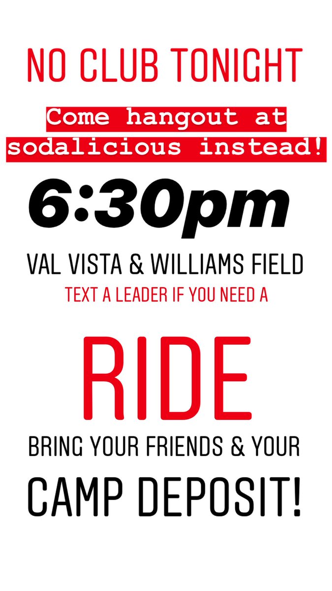 WFyounglife's tweet photo. NO CLUB TONIGHT! But come hang with us at sodalicious at 6:30! Bring your camp deposit &amp; text a leader if you need a ride🎊😍 https://t.co/HcGCzA1Art