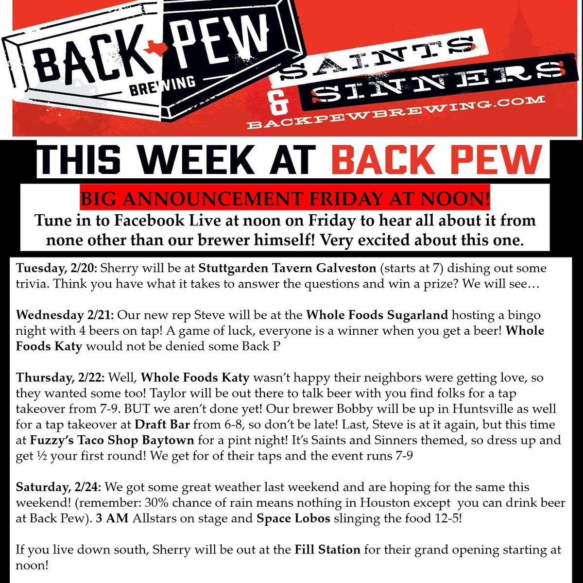 BackPewBrew's tweet photo. Big week coming up for Back Pew out there with some great folks in market! Gonna come hang with us? Let us know! #bpsinnerlife #bpsaintlife #comeallyethirsty #drinkthegospel https://t.co/SOniLLchJ3