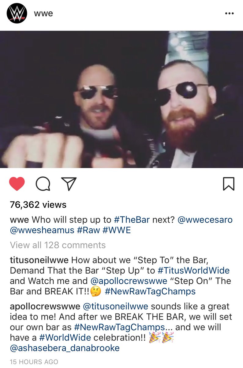 ClaudioCSRO's tweet photo. Who comments on an Instagram post to campaign for a tag team title match? What are you guys, 14? #ManUp #TitusWorldwide #RAW https://t.co/gUX744vFeo