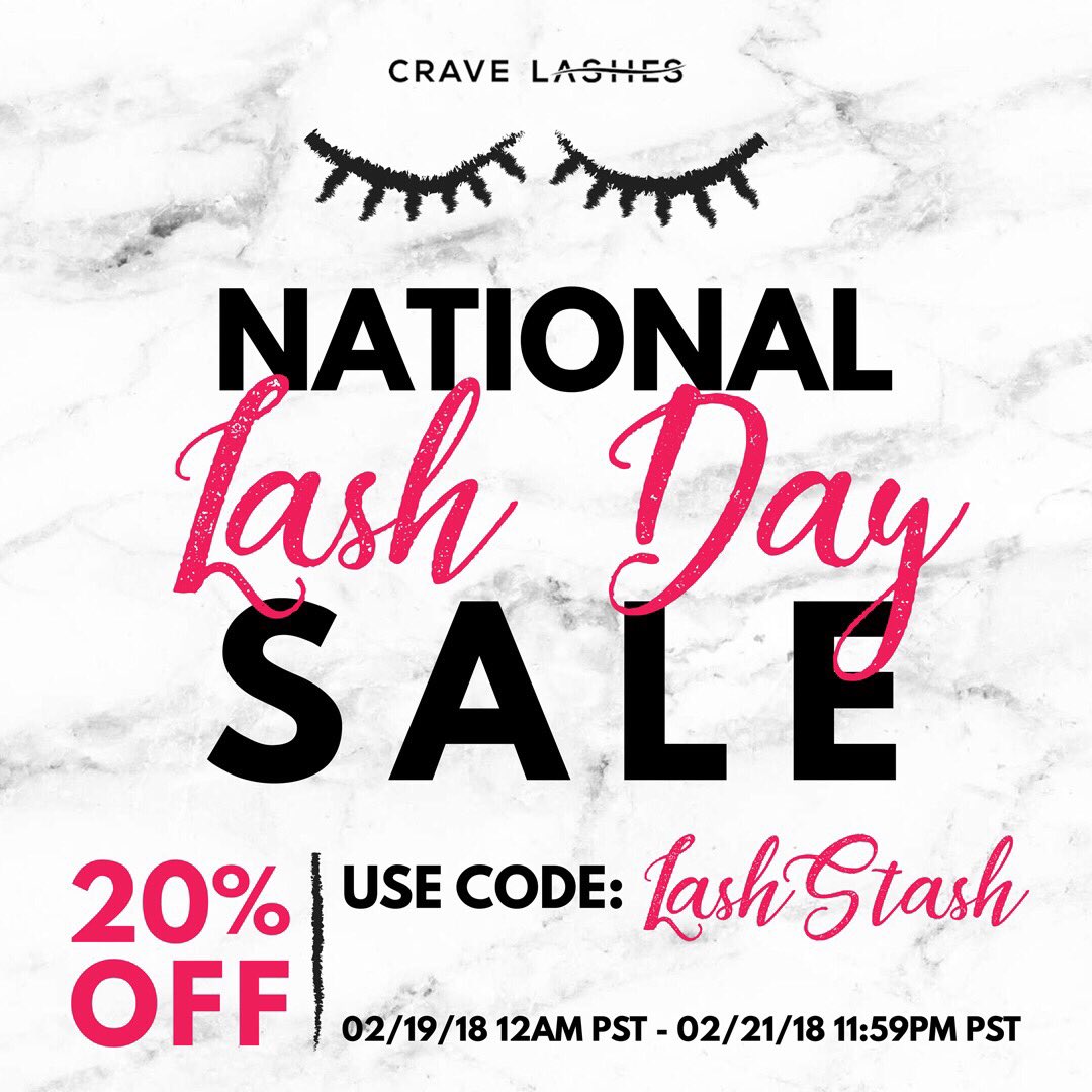 CraveLashes's tweet photo. Hello Lash Lovers! It’s National Lash Day and we have a sweet 20% off Discount Code so you can stash some of your favorite Crave Lashes 💕
#nationalLashDay #lashDay #lashSale #lashStash #beautySale #mua #makeupsale #couponCode #discountCode
20 Off Sitewide 
Use Code : LASHSTASH https://t.co/6YW0Iq4h5e