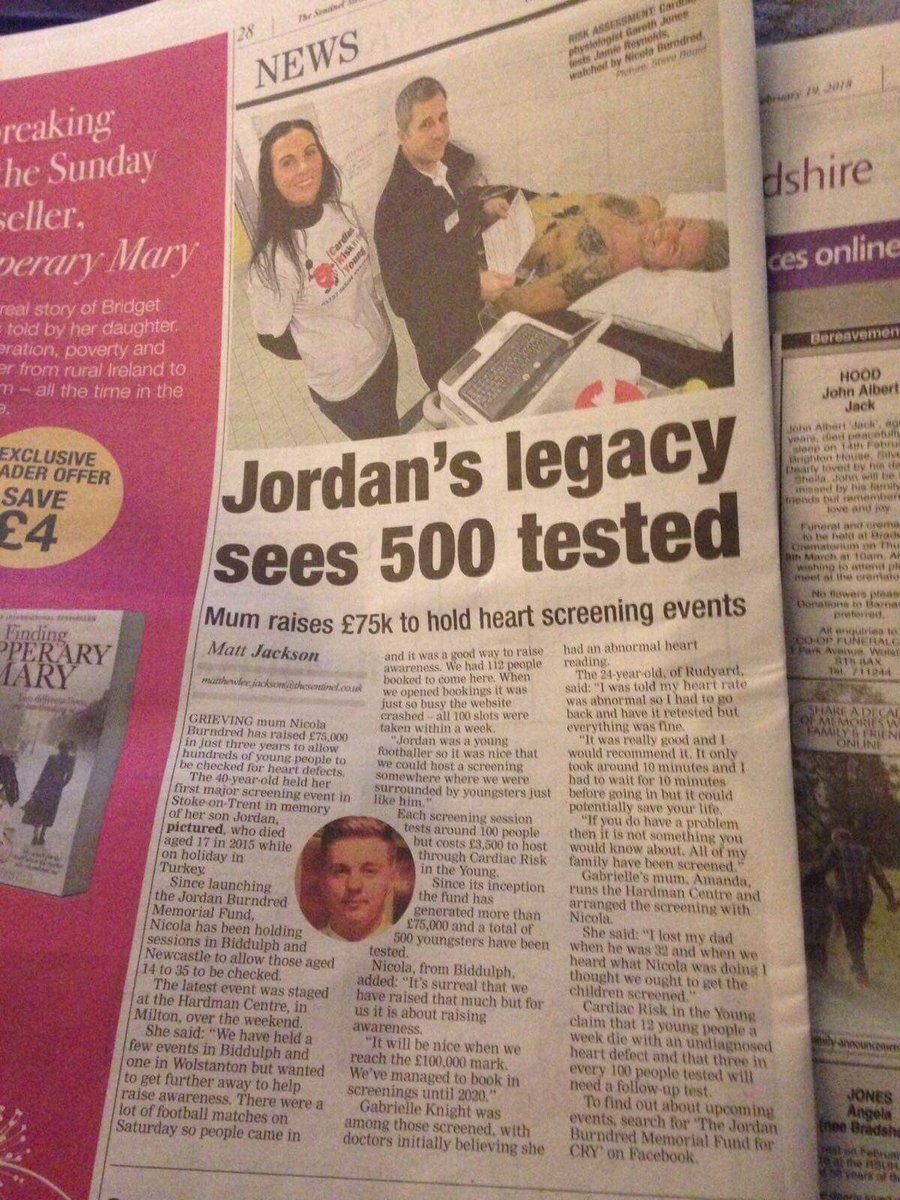 TeamJord's tweet photo. Very proud to see this in today’s @SentinelStaffs we’re working so hard to keep funds coming in to ensure that we can offer screenings for years to come @CRY_UK this for us is what it is all about. Ensuring we fulfill the legacy Jord left ❤️ https://t.co/detkytkDAl