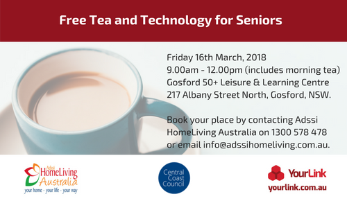 YourLinkAU's tweet photo. Join us on Friday 16th March 2018 at Gosford 50+ Leisure &amp; Learning Centre for our next free Tea &amp; Technology for Seniors event with our partner Adssi HomeLiving Australia. Bookings essential. https://t.co/Oay3pLGboe #gosford #socialimpact #DigitalInclusion https://t.co/Hw2RtUyNCc