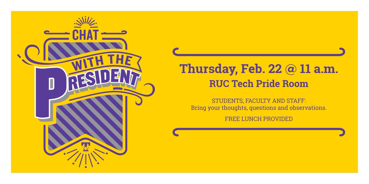 tennesseetech's tweet photo. Chat with @TTUPrezPhil this Thursday at 11 a.m. in the RUC Tech Pride Room! Free lunch included! #PrezChat https://t.co/AXegB0831l