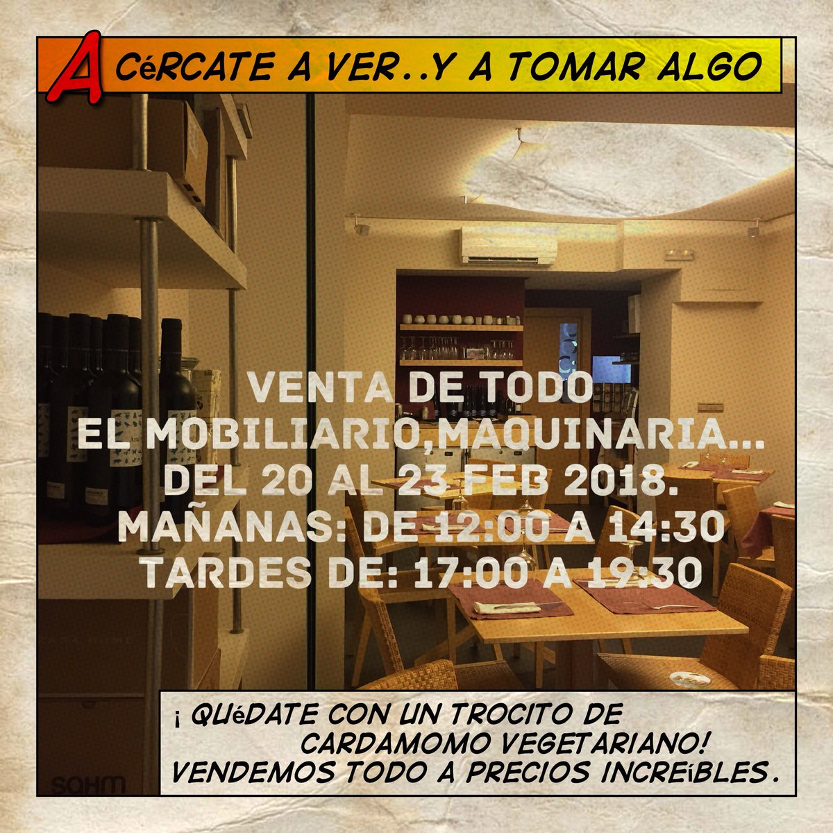 ¡Ya está todo listo!
Anota en la agenda esta cita, parece que va haber bastante público. No dejes de pasar 
Te esperamos. 
UN TROCITO DE Cardamomo Vegetariano, te espera. 
¡Pásate a tomar un café o una infusión y echa un vistazo!
los precios SON INCREÍBLES.