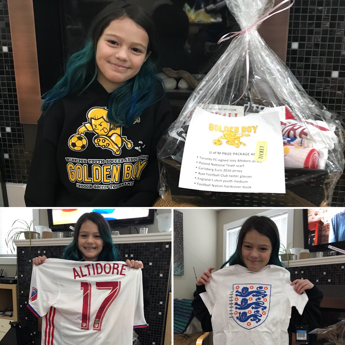 BellinoJenn's tweet photo. The Bean’s day was made today. Won the TFC Altidore jersey and basket in the GBT raffle. #GBT2018 @WpgSoccer @torontofc @fcnorthwestclub https://t.co/T7xOfhrr3Y