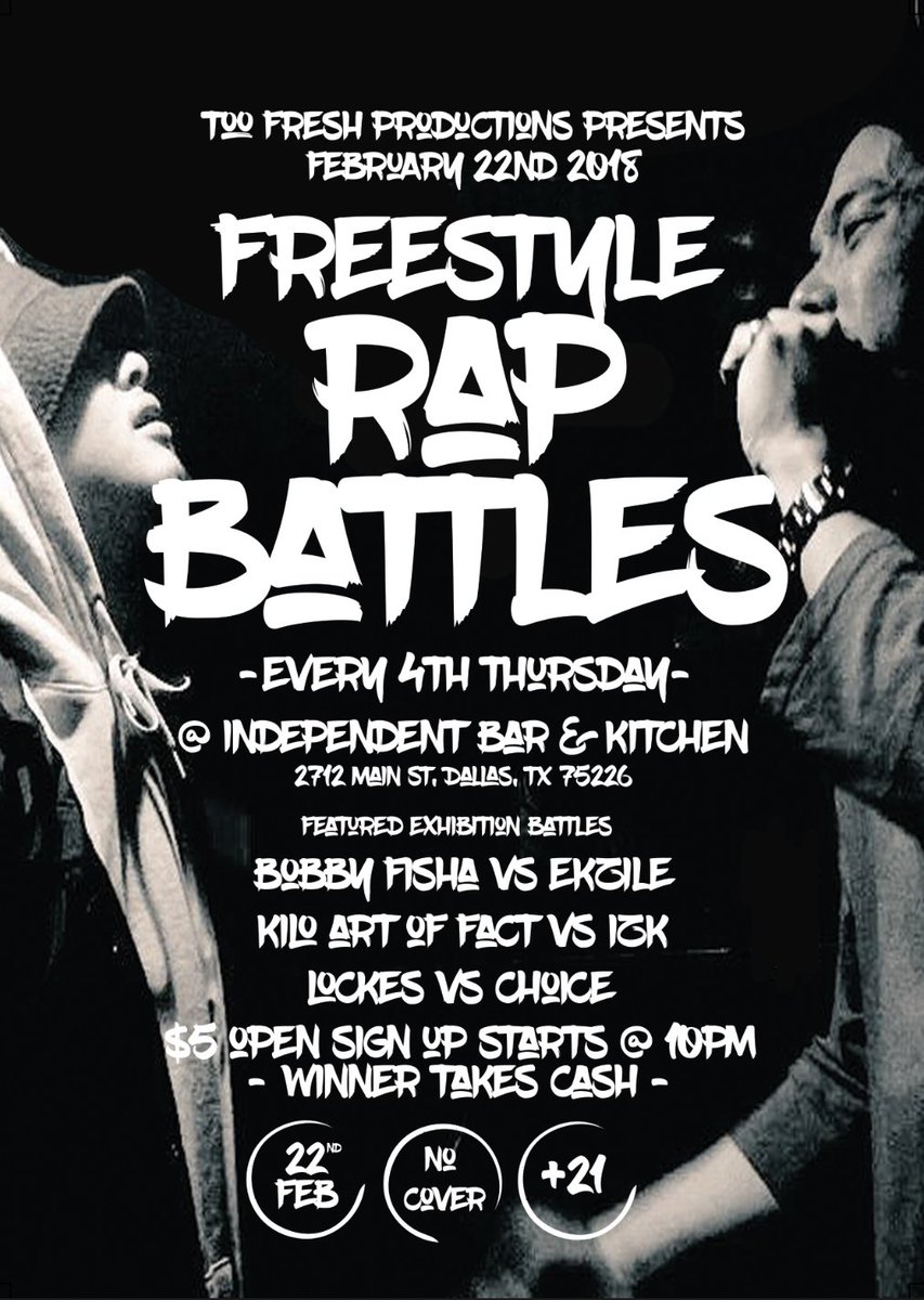 TooFreshDTX's tweet photo. #Elluments weekly hip hop series with #Freestyle Rap Battles at @ibkdallas THIS THURSDAY! Sign ups start @10pm. Free to attend. $5 to enter battle. Winner takes cash! Exhibitions from @BOBBYFISHA @ekzile @kilothefact @IZKALLDAY + More !! #DallasHipHop #DFWHipHop #Dallas https://t.co/jCxO7T6KyU