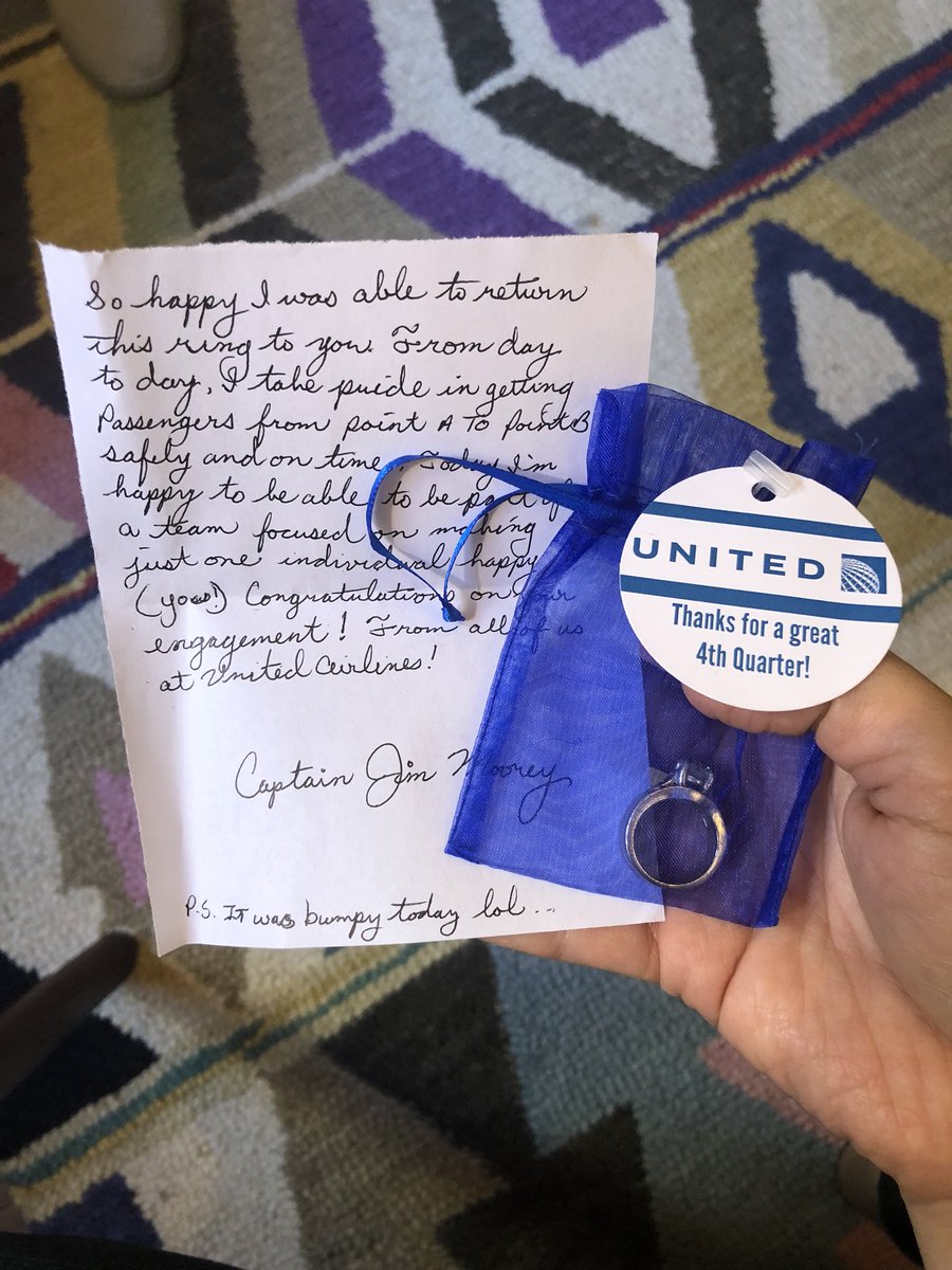 I lost my wedding/engagement rings last week somewhere between New York and Jackson Hole. A @United gate agent found it, put it in a safe, and then gave it to a pilot to HAND DELIVER it back to me in SF. I have a newfound faith in humanity and airlines 🙌🏼 Thanks United.