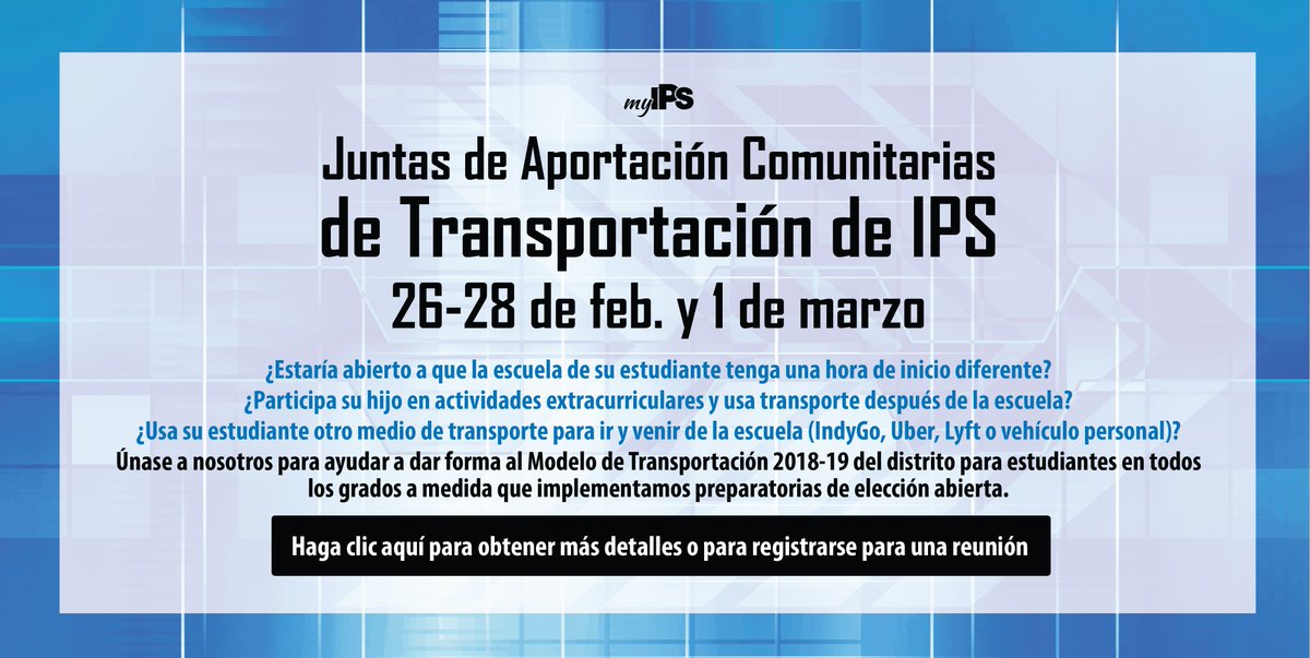 We need your input! Join us Feb. 26-March 1 for #myIPS Transportation Community Input Meetings - we will discuss a proposed transportation model that could affect all schools for the 2018-19 school year: owl.li/15s230iuPfz
