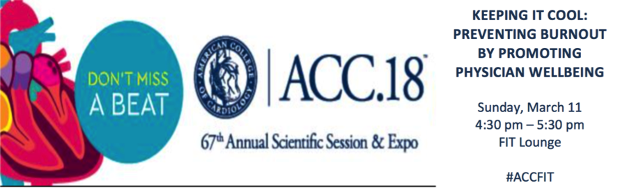 Learn how to stay true to our patients and engaged with our families while avoiding burnout 'KEEPING IT COOL: PREVENTING BURNOUT BY PROMOTING PHYSICIAN WELLBEING' abstractsonline.com/pp8/#!/4496/se…
#ACCFIT #ACC18 <a href="/ACCinTouch/">American College of Cardiology</a> 
<a href="/akhilnarangmd/">Akhil Narang, MD</a> <a href="/skilicmd/">Sena Kilic, MD, FACC</a> <a href="/heartotxheartmd/">John P Erwin III MD MBA MACC (#BigPoppy )</a> <a href="/pooh_velagapudi/">Poonam Velagapudi</a>