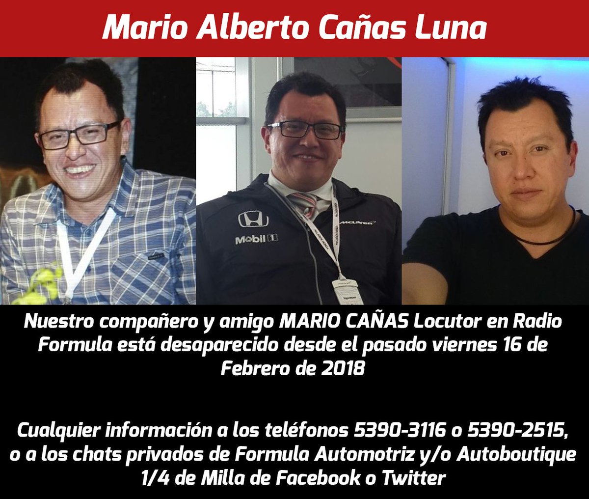 Necesitamos de toda su ayuda para localizar a nuestro compañero y amigo #MARIOCAÑAS #RT al mil por favor!! <a href="/FormulaAutoFM/">Fórmula Automotriz</a> <a href="/ArturoRiveraMTV/">Arturo Rivera</a> <a href="/raton_miguelito/">Ratón Miguelito</a> <a href="/Radio_Formula/">Grupo Fórmula</a> <a href="/ArranconesCDP/">Arrancones Pegaso</a>
