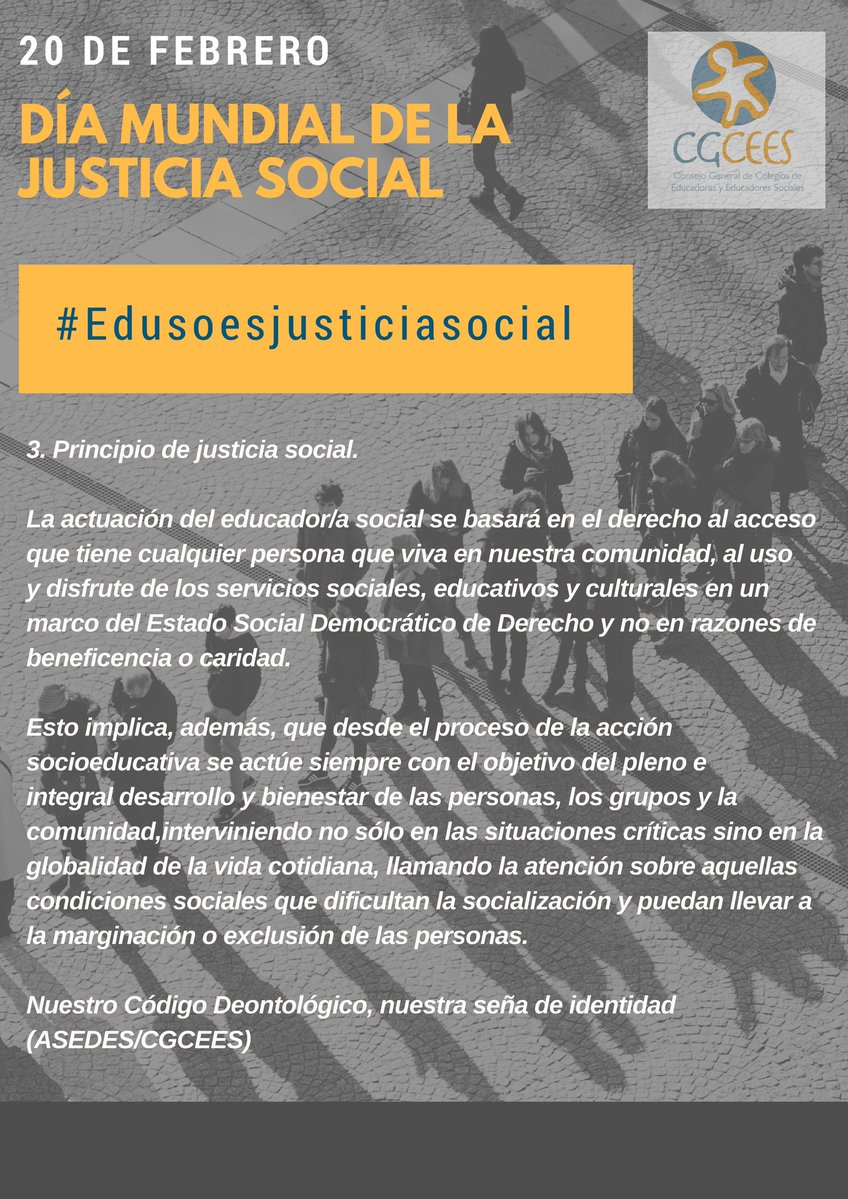 CGCEES's tweet photo. Hoy, 20 de Febrero celebraremos el Día Internacional de la justicia social, (uno de los principios que rigen nuestra profesión) con el hashtag
#EdusoesJusticiaSocial https://t.co/ZAA6DNvxUW