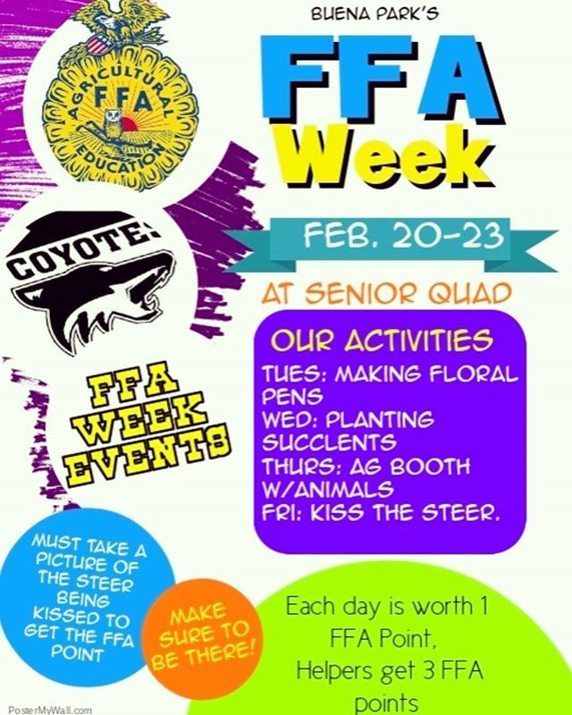 BuenaParkFFA's tweet photo. FFA Week is here!!! Each day this week we are having an activity in the quad!!! Come by and bring a friend!!! Points given each day!!! #ffaweek #bphsffa https://t.co/vi9QaJiFBp