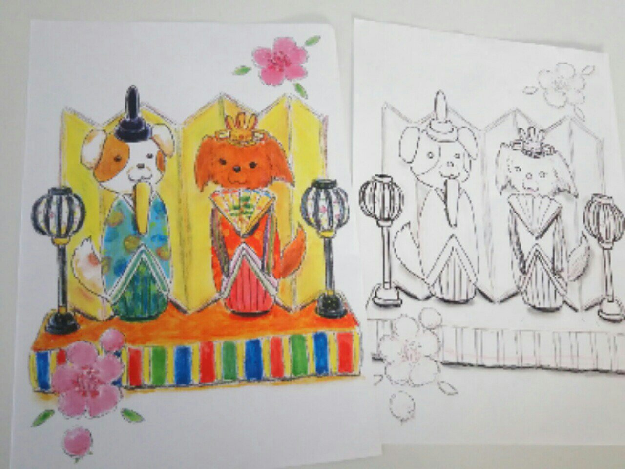 ギャラリーねこい 4月日亀田イオンカルチャースクールで水彩色鉛筆塗り絵教室をします 本日は定休日なので高齢者向け施設に出張ぬりえ教室に行ってました W ゞリクエストの犬のお雛様と卒業式のイラストにマリーゴールドを塗ってもらいました