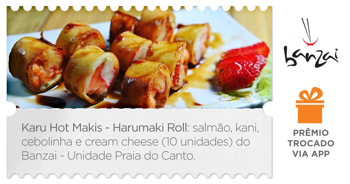 AlineAlcure's tweet photo. Check-in troca de Prêmio no @Multifidelidade. Harumaki Roll do Banzai - Unidade Praia do... https://t.co/kP1W5s156A https://t.co/4lHV3ngynq