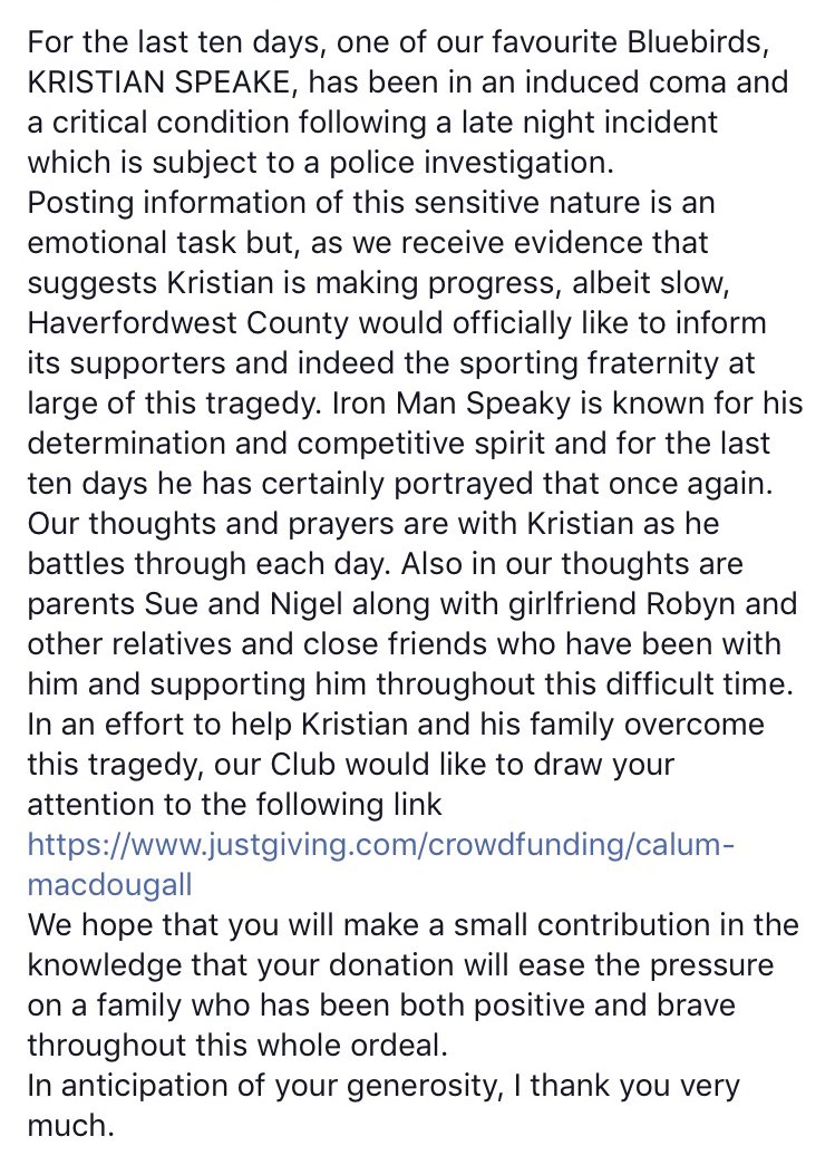 HaverfordwestFC's tweet photo. Club Statement: 

Bluebirds midfielder Kristian Speake 

🙏🏻💙 

#FootballFamily  

Just Giving Page: https://t.co/FAJNPaUApA https://t.co/4SMBzIqlJk