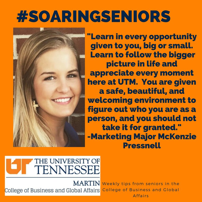 utmCBGA's tweet photo. #SoaringSeniors advice to freshmen comes from @UTMChiOmega member and Marketing Major @Mckenziee18!

#beUTMproud https://t.co/1pc7f623kx