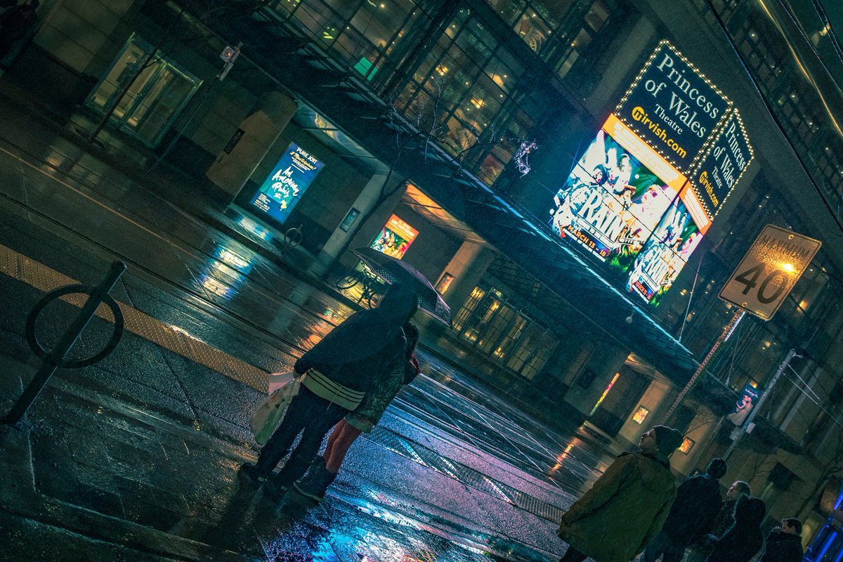Rain. @Mirvish #PrincessOfWalesTheatre #Rain #Raining #streetphotography #Umbrella #Night #Lights #365project flic.kr/p/24rinEJ