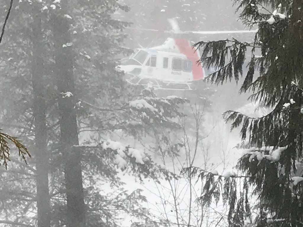 A big shout out to RCMP, Air Ambulance and BC Ambulance. Working together to evac a skier right across the street from us.