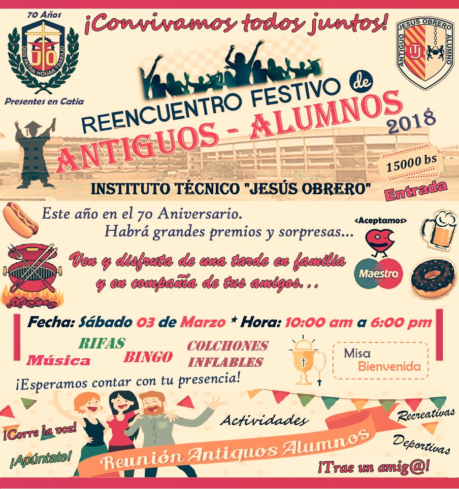 SomosITJO's tweet photo. Reencuentro de Antiguos Alumnos del Instituto Técnico Jesús Obrero. Anímate y acompáñanos. Celebremos juntos este día. https://t.co/mEKnX4f1jI