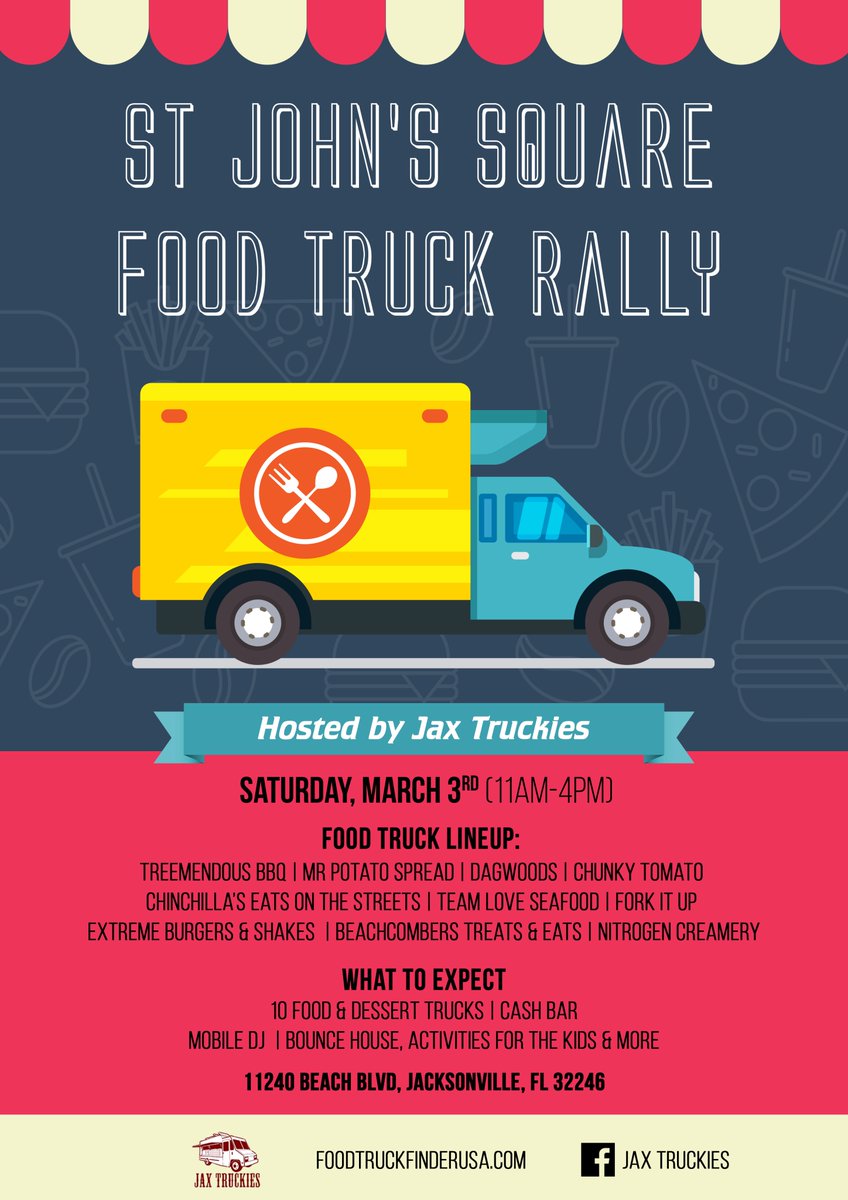 📅 T-minus 12 days until your next #foodtruckrally, Jacksonville!

Join us and some of your favorite #foodtrucks on Saturday, March 3rd for the St John's Square Food Truck Rally!

Head over to the official event page for more details:
facebook.com/events/3522659…

See you there!