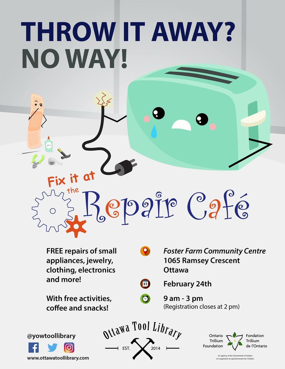 yowtoollibrary's tweet image. What can you learn to fix on Sat at the #repaircafe at Foster Farm? Clothes, appliances, jewelry, computers, dull knives, video games, etc!