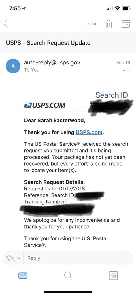 sceasterwood's tweet photo. Hey @USPSHelp, WHY did it take a MONTH to send me an auto-reply message that y’all were gonna look for my lost package? This doesn’t even come close to making sense https://t.co/TkM57JfYVf