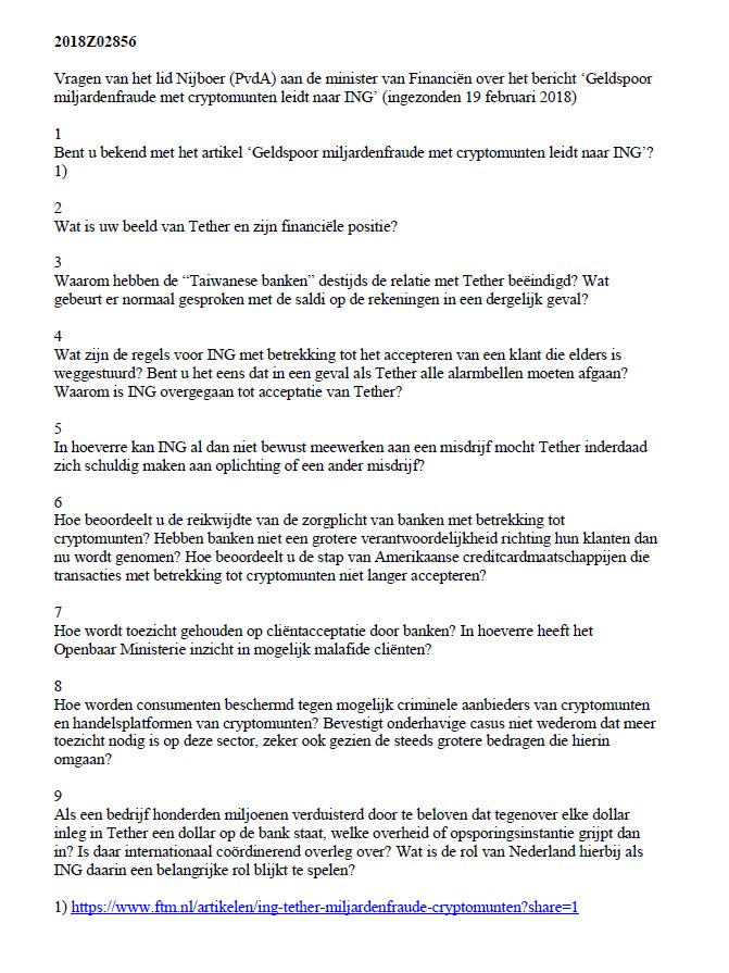 Bitfinexed's tweet photo. BREAKING: Is the Dutch government investigating Tethers bank? Translations provided. Public documents were uploaded today. 

SOURCE: https://t.co/z6te59YXip https://t.co/5QpqrnKJOB