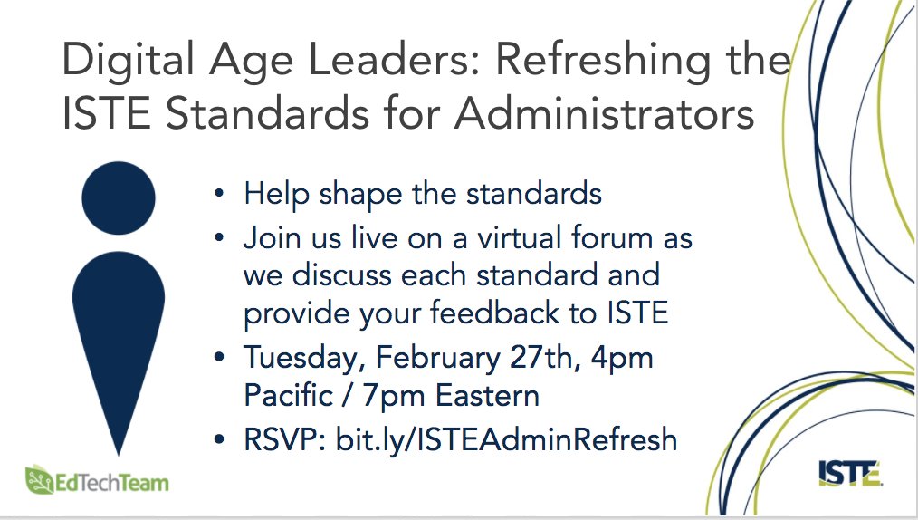 edtechteam's tweet photo. What do leadership standards mean to you? Join us and help shape the @iste Standards for Administrators with @sarah_stoeckl live online next Tuesday #leadupchat #suptchat #edtechteam #dlpcoaching https://t.co/6dVViJp55D https://t.co/Q2WMf0HHIi