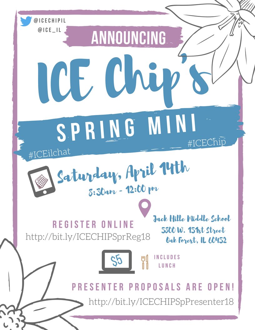 With the snow melting, think Spring! Join us for our Spring Mini on April 14th! Register bit.ly/ICECHIPSprReg18 Submit to present: bit.ly/ICECHIPSpPrese… #icechip #ICEilchat