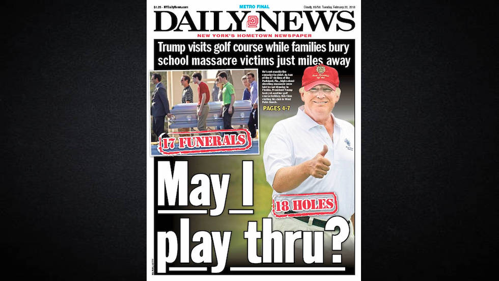 thehill's tweet image. Trump hometown newspaper torches him for golfing miles from Florida shooting victims' funerals hill.cm/WtGS6Wu