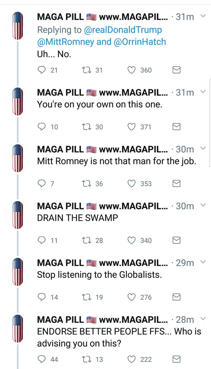 sjupmanz's tweet image. Funny to see when #MAGA meets the spineless @realDonaldTrump most know and despise, who will throw his support behind anything red (in this case @MittRomney). #NoValues #NoPrinciples #JustTheArtOfTheDeal #PartyOverCountry