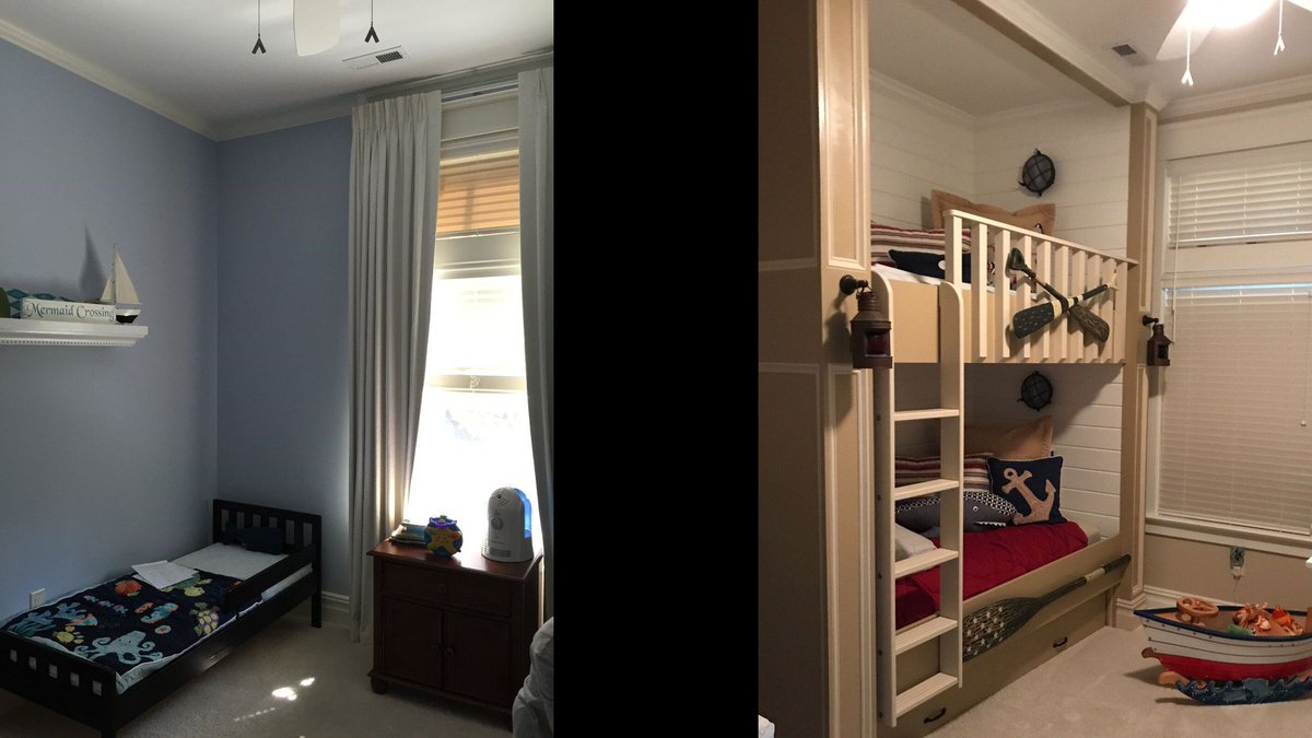 PerkinDesign's tweet photo. Kids' room beach house before and after #njinteriordesign #phillyinteriordesign #interiordesign #perkindesigninteriors #beachhouse https://t.co/VxhJfNtx80