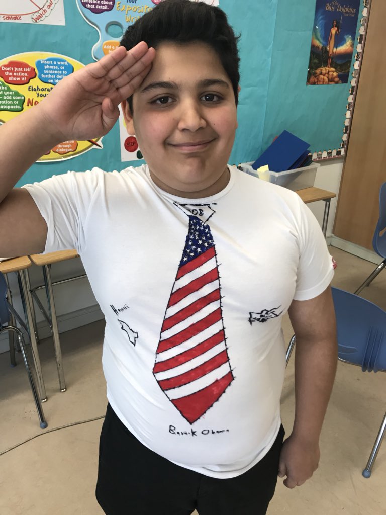 Greershan's tweet photo. @MichelleObama  &amp; @BarackObama  students in Bahrain self-selected biographies and presented about impacts the people made. Final project: t-shirt masterpieces! #RVISionaries #ISSedu https://t.co/NQB90gqa1N