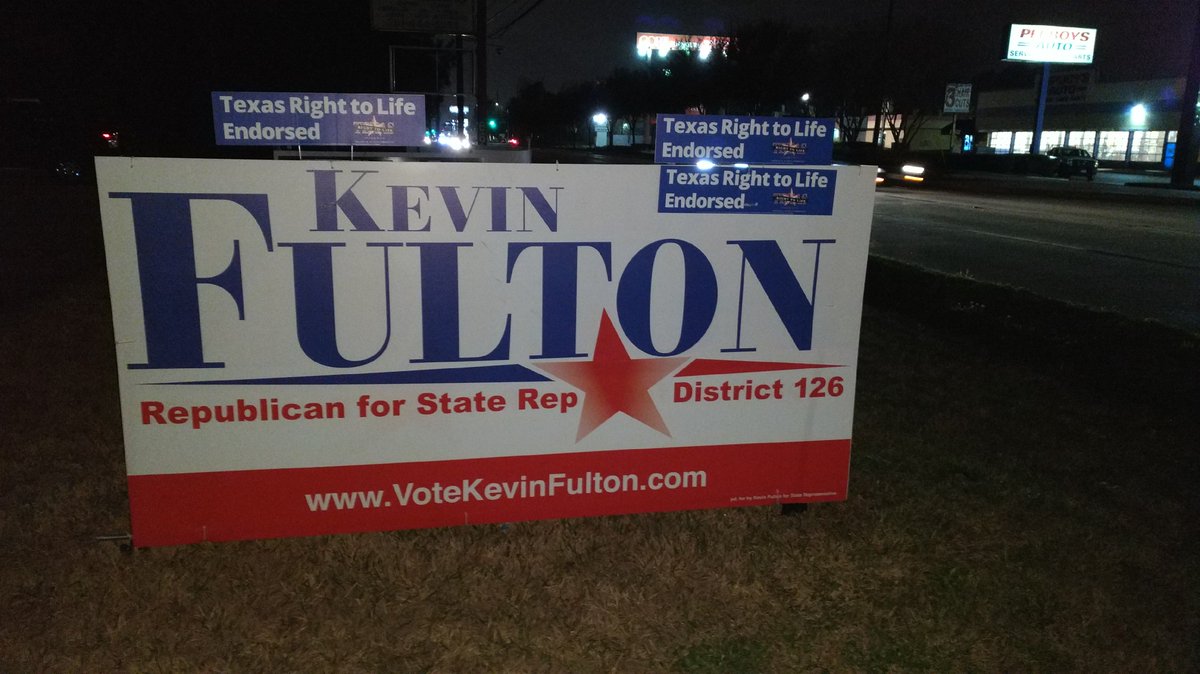 GlassDylanM's tweet photo. Large @FultonforTexas signs are now up throughout #HD126! We need Kevin in the #TXlege! Go early and #VoteFulton starting tomorrow! https://t.co/zERWCQsKfK