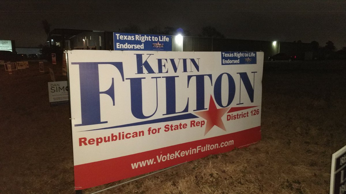 GlassDylanM's tweet photo. Large @FultonforTexas signs are now up throughout #HD126! We need Kevin in the #TXlege! Go early and #VoteFulton starting tomorrow! https://t.co/zERWCQsKfK