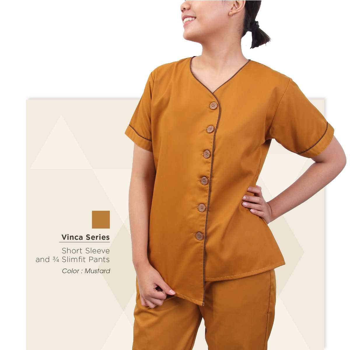 my_uniform's tweet photo. Nannies will always feel confident every time they work if they wear this Vinca Mustard in short sleeve and 3/4 slimfit pants. Grab this pair now by contacting our CS. https://t.co/v2EqRnCMlh