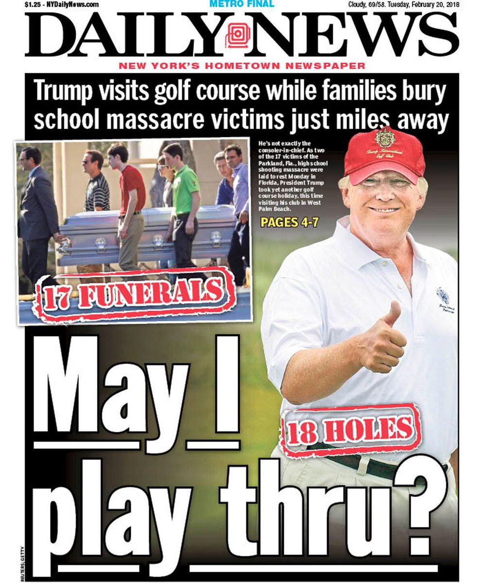 BryanDawsonUSA's tweet photo. 17 Funerals
18 Holes
Which was Trump's priority?

#PresidentsDayWithoutAPresident #PresidentsDay2018 #trumpcolluded #FlipItBlue #Parkland #StonemanShooting #EmmaGonzalez #MarchForOurLives #GunReformNow @Emma4Change https://t.co/hw8LwQ9VtP