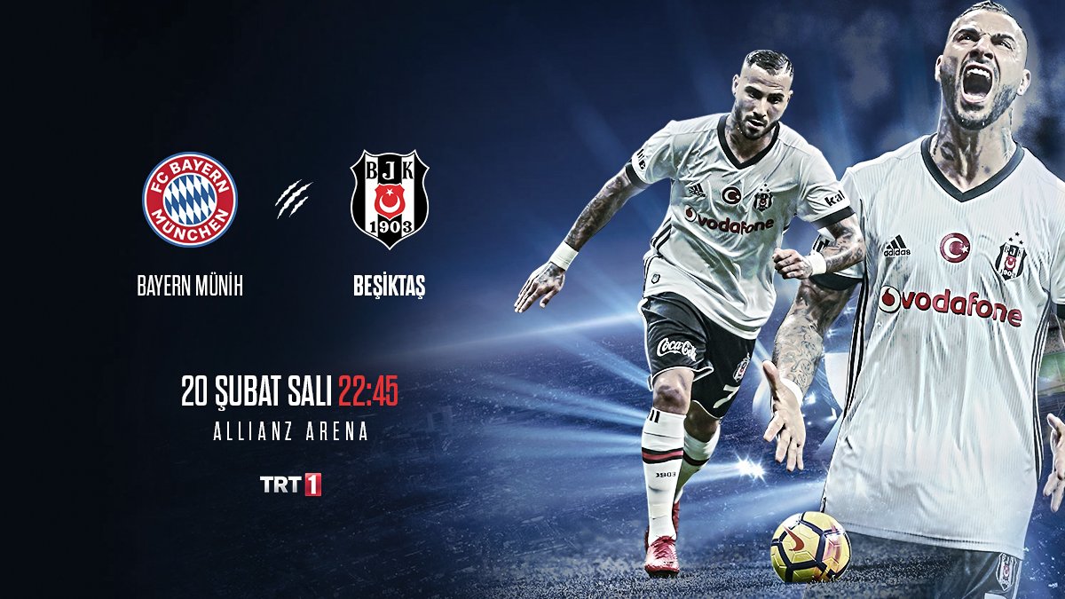 📣 Bugün #BeşiktaşınMaçıVar!
🏆 UEFA Şampiyonlar Ligi Son 16
⚽ Bayern Münih 🆚 Beşiktaş
📍 Allianz Arena
🗓 20.02.2018
⏰ 22.45
📺 TRT1
🦅 #Beşiktaş #UCL