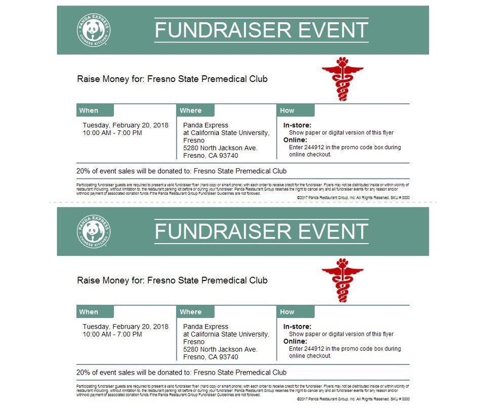 We will be having a Panda Express Fundraiser TOMORROW Tuesday, February 20th. Please come by &amp; support us b/w the times of 10-7 PM.  Flyers will be passed out from 10-2 PM outside @fresnostateusu. You can show the flyer in store or you can use the code 244912 for Tapingo. Thanks!