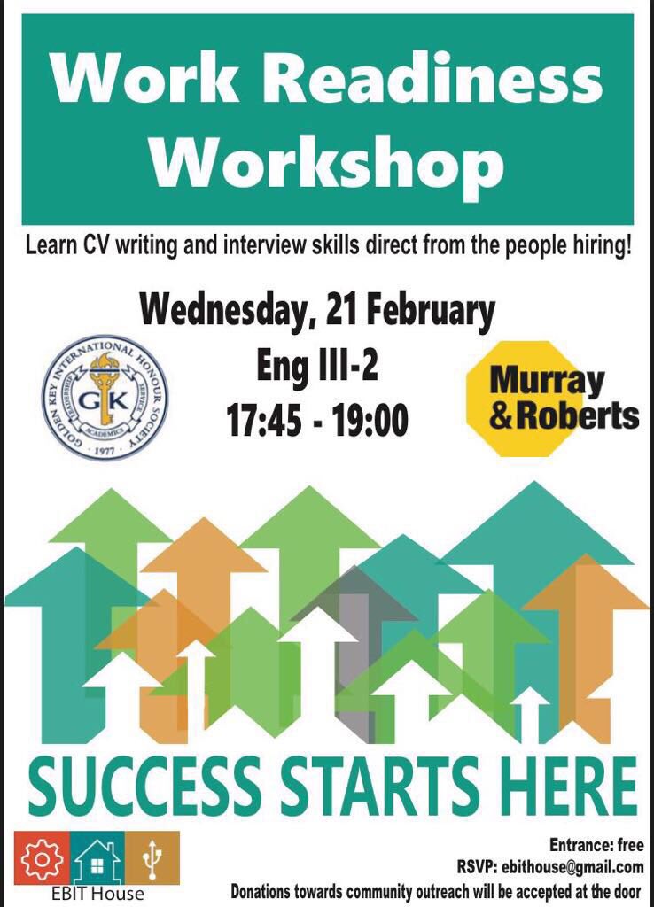 EBIT House is hosting a Work Readiness Workshop where Murray and Roberts HR will give insight on how to get hired by top engineering firms.